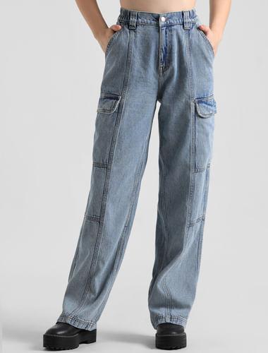 blue high rise cargo jeans