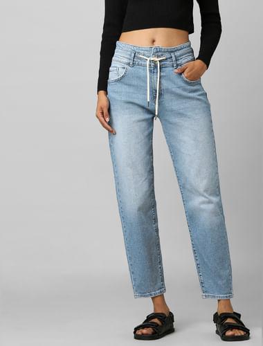 blue high rise carrot jeans