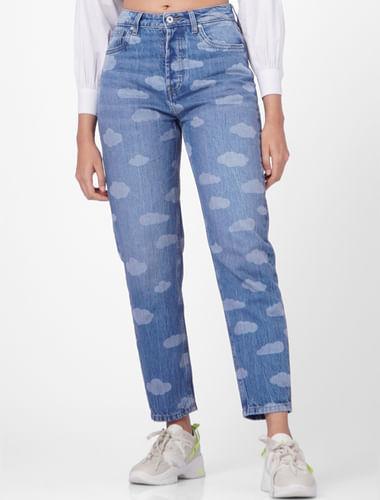 blue high rise cloud print mom jeans