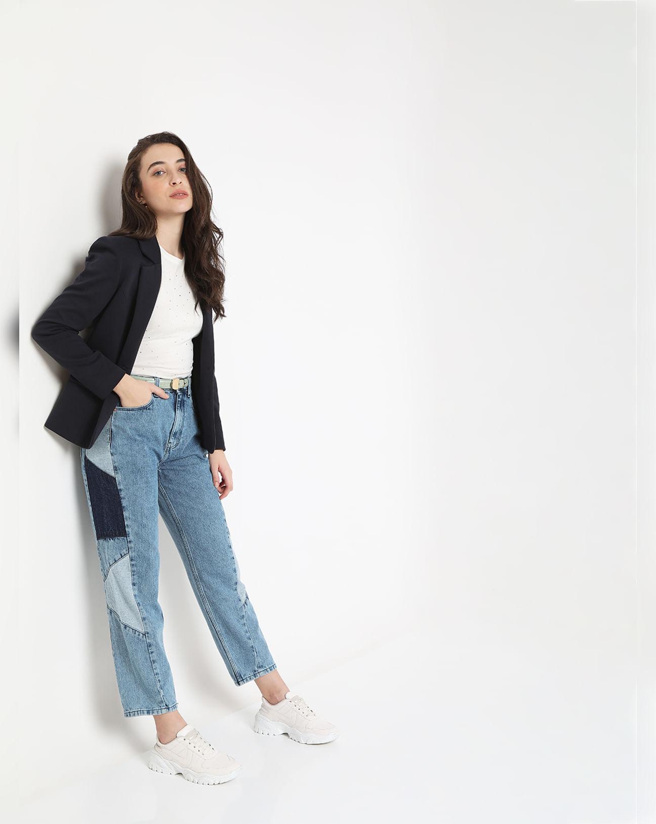 blue high rise cut & sew panel mom fit jeans