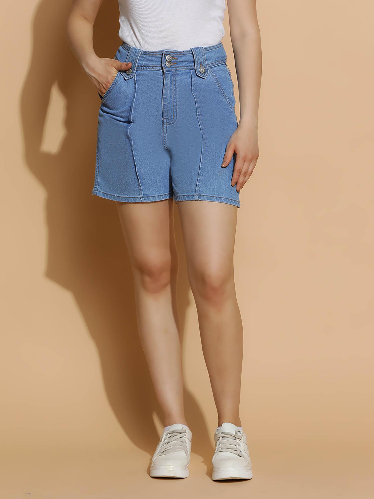 blue high-rise denim shorts