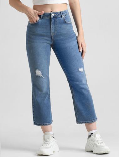 blue high rise distressed cropped jeans