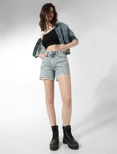 blue high rise distressed denim shorts