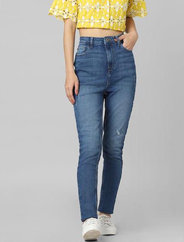 blue high rise distressed skinny jeans