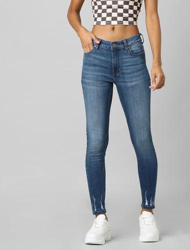 blue high rise distressed skinny jeans