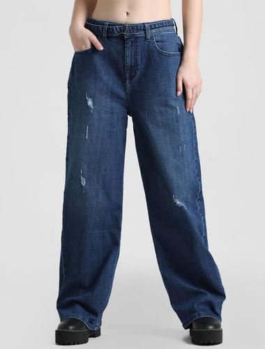 blue high rise distressed straight fit jeans