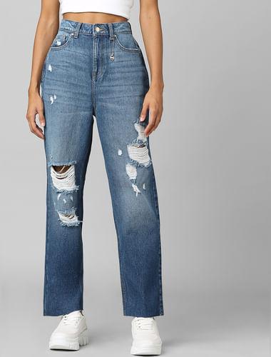 blue high rise distressed straight jeans