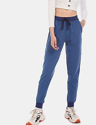 blue high rise elasticized drawstring waist solid joggers