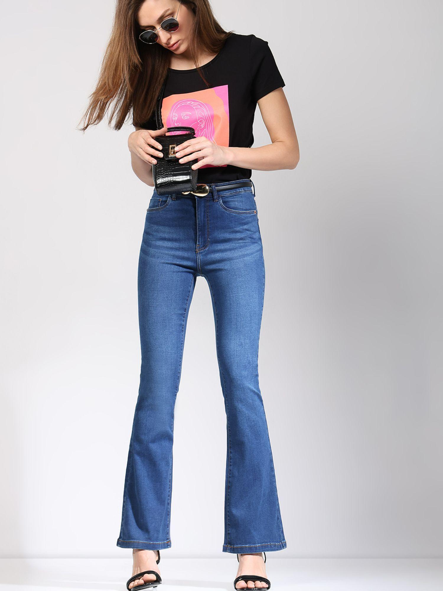 blue high rise flared jeans