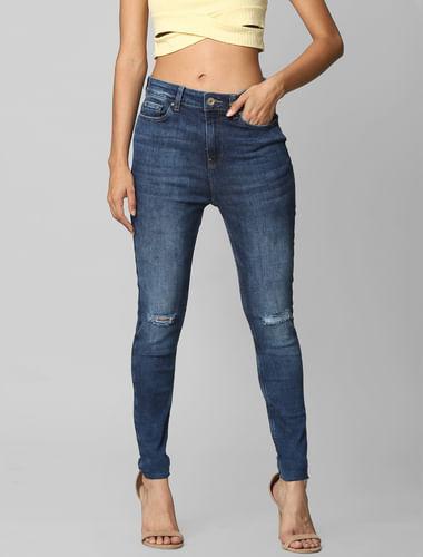 blue high rise knee-cut skinny jeans