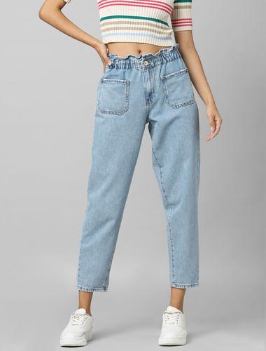 blue high rise paperbag waist jeans