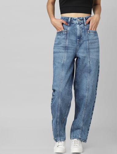 blue high rise pintuck baggy fit jeans