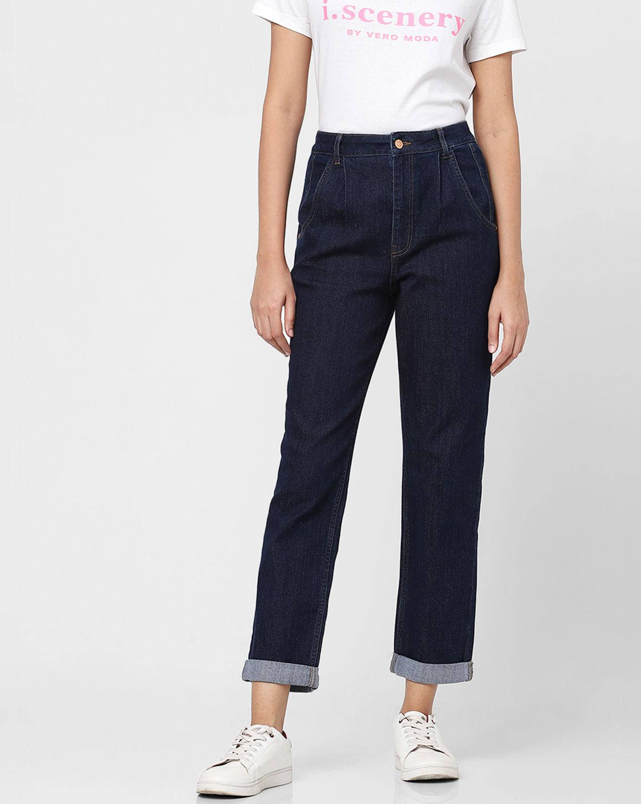 blue high rise pleated jeans