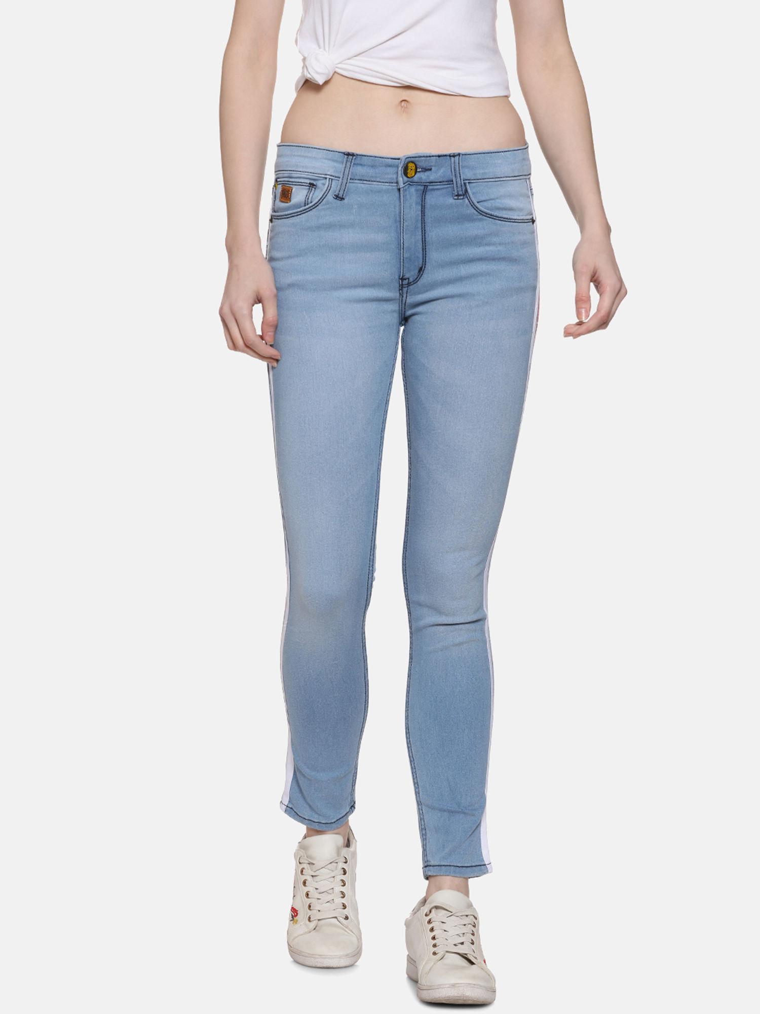 blue high rise skinny fit side stripe denim jeans