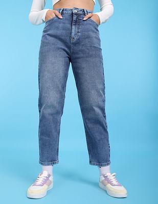 blue high rise stone wash mom fit jeans