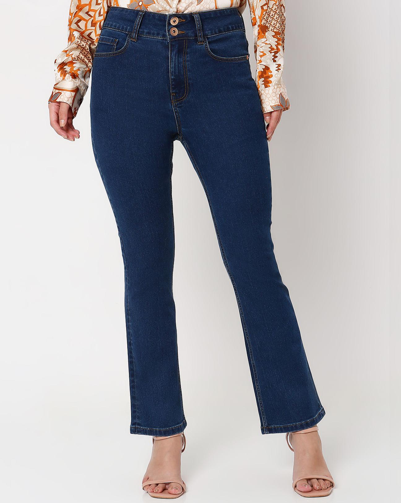 blue high rise twin button bootcut jeans