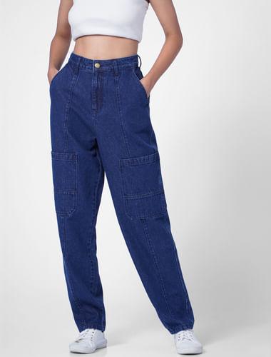 blue high rise utility cargo jeans