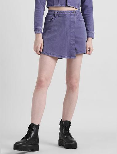 blue high rise washed denim skorts