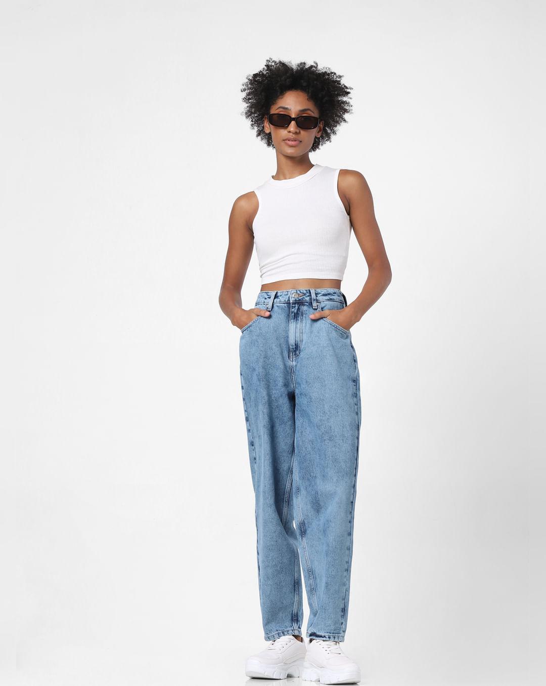 blue high rise washed mom jeans