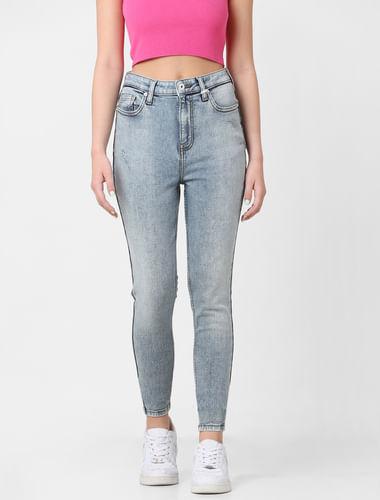 blue high rise washed skinny jeans