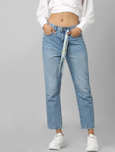 blue high rise washed straight fit jeans