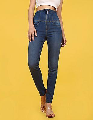 blue high rise whiskered hourglass style jeans