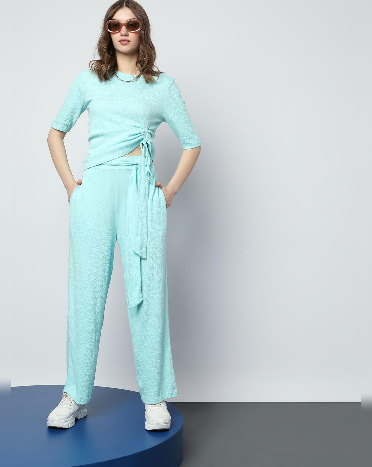 blue high rise wide leg pants