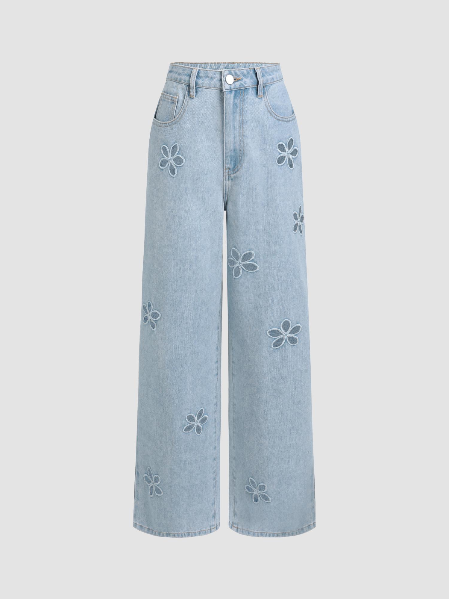 blue high waist floral pocket wide leg jeans