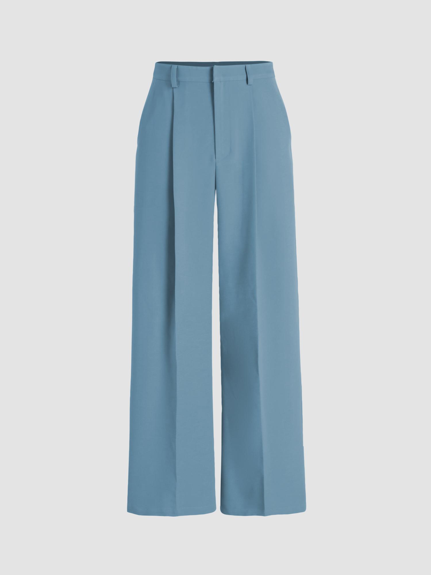 blue high waist pleated wide leg pant