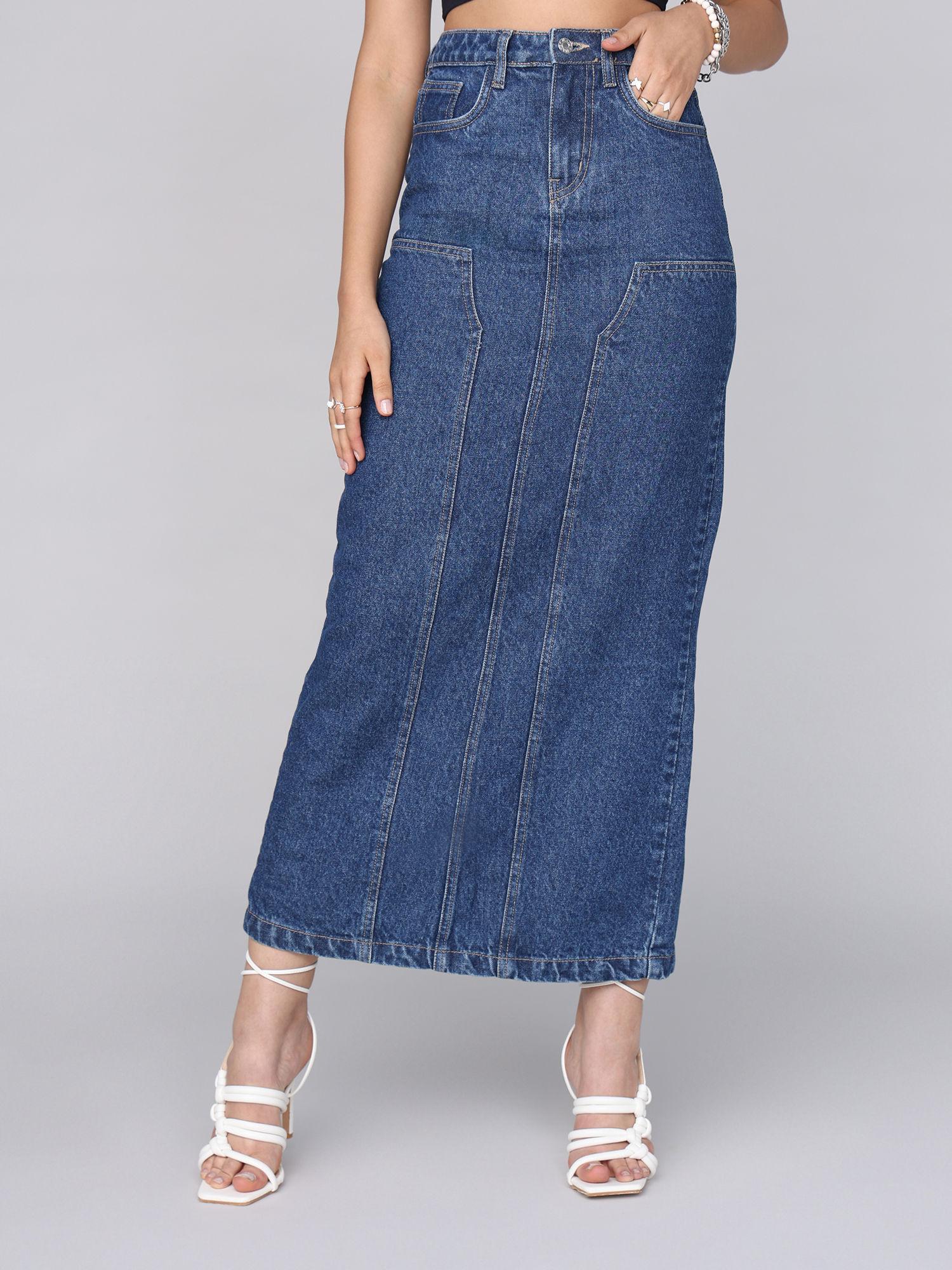 blue high waist straight fit solid column denim maxi skirt