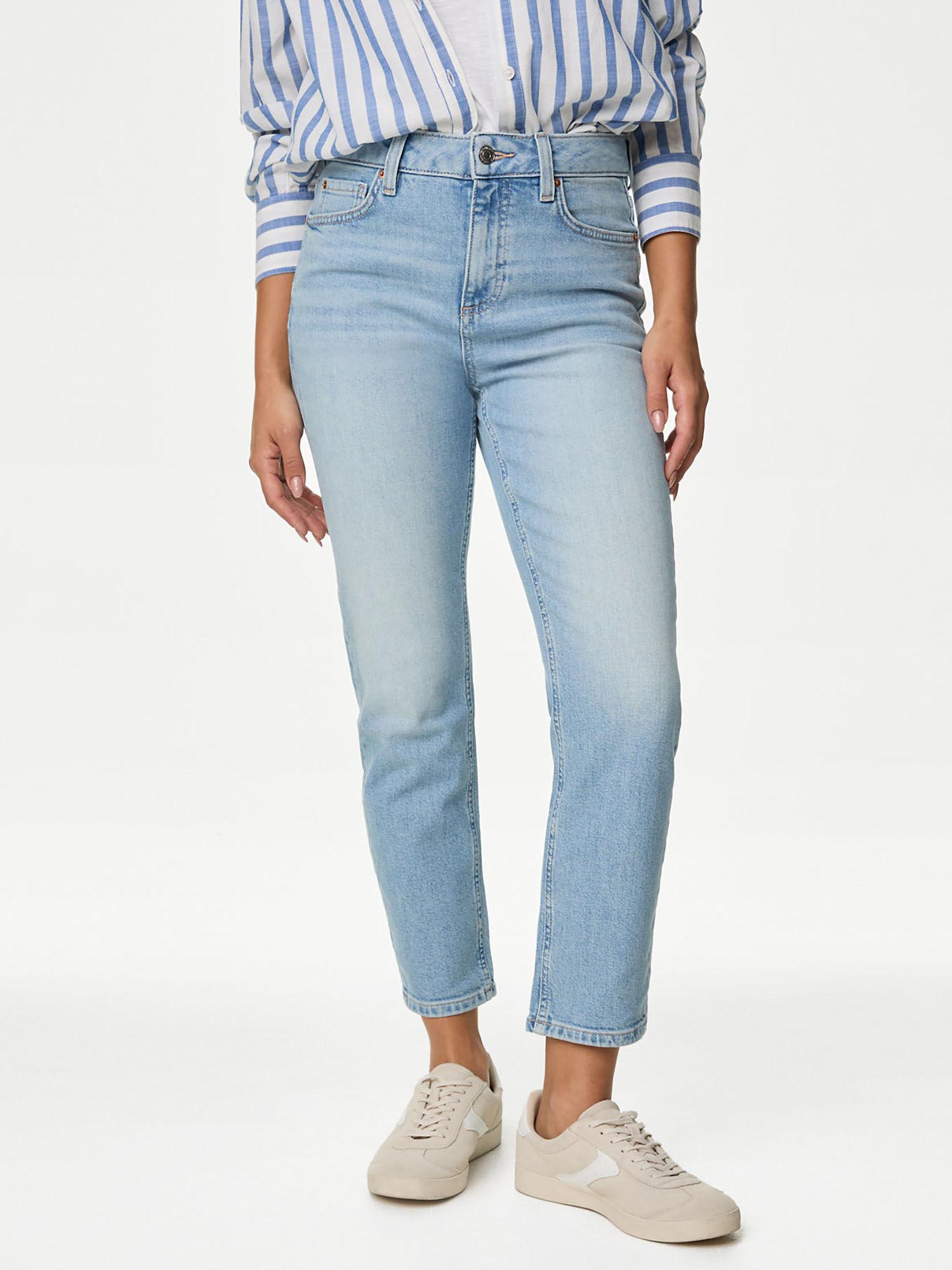 blue high waisted slim fit cropped jeans