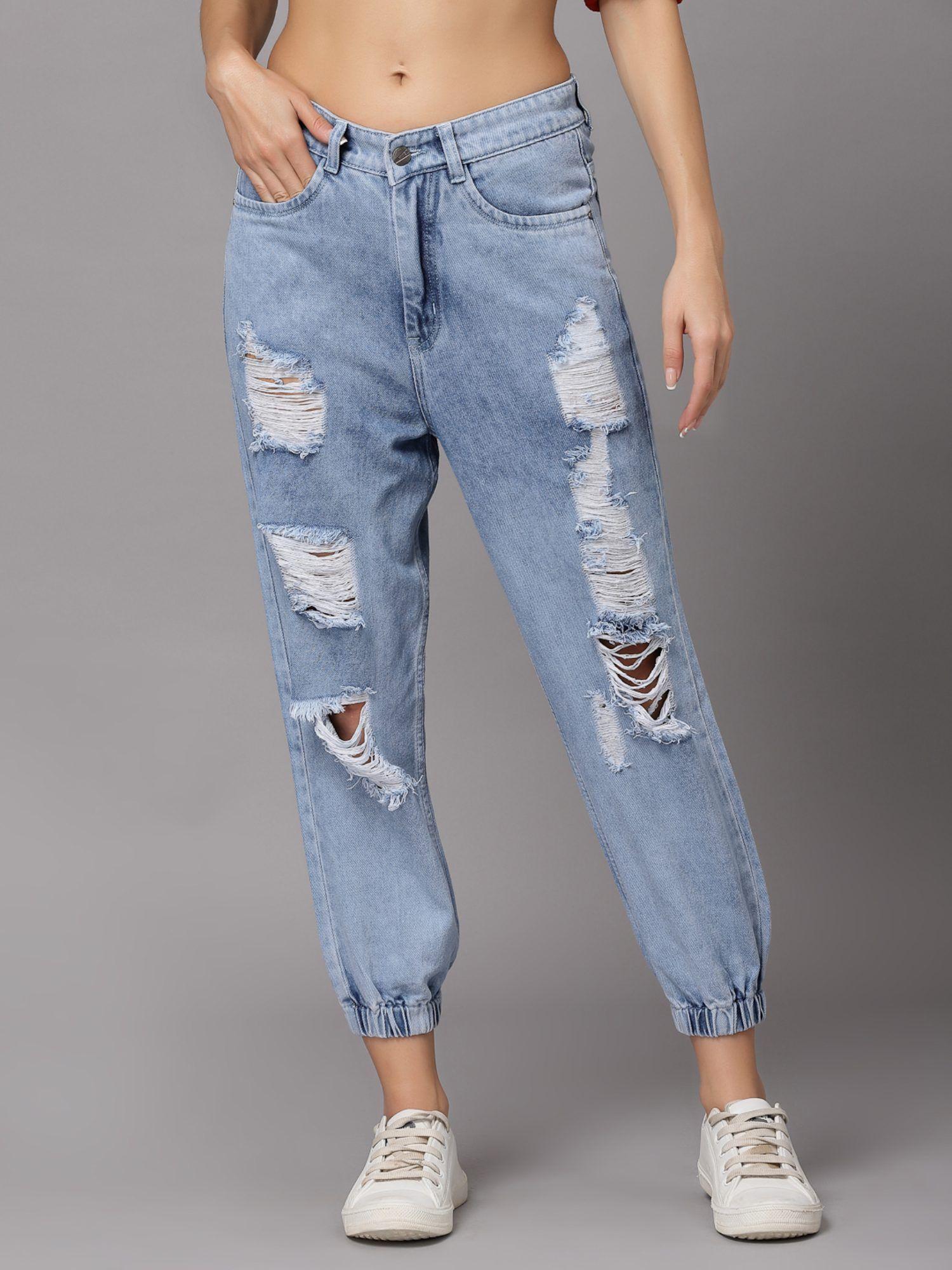 blue highly distressed light fade jeans