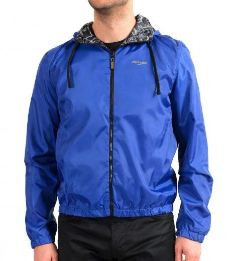blue hooded reversible windbreaker jacket