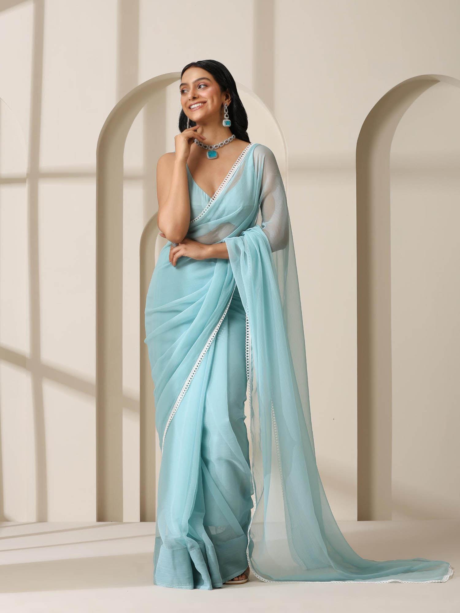 blue ice chiffon saree with lace work and unstitched blouse