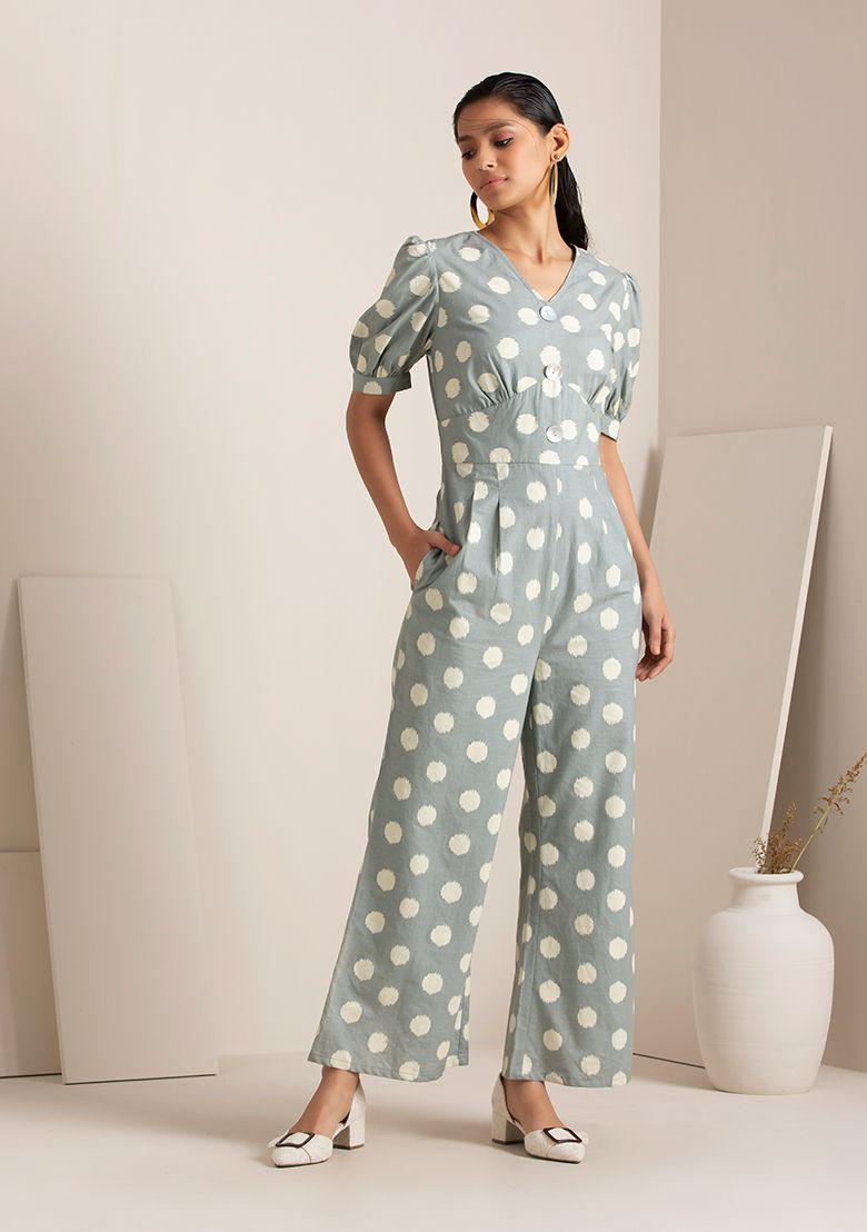 blue ikat bell bottom jumpsuit