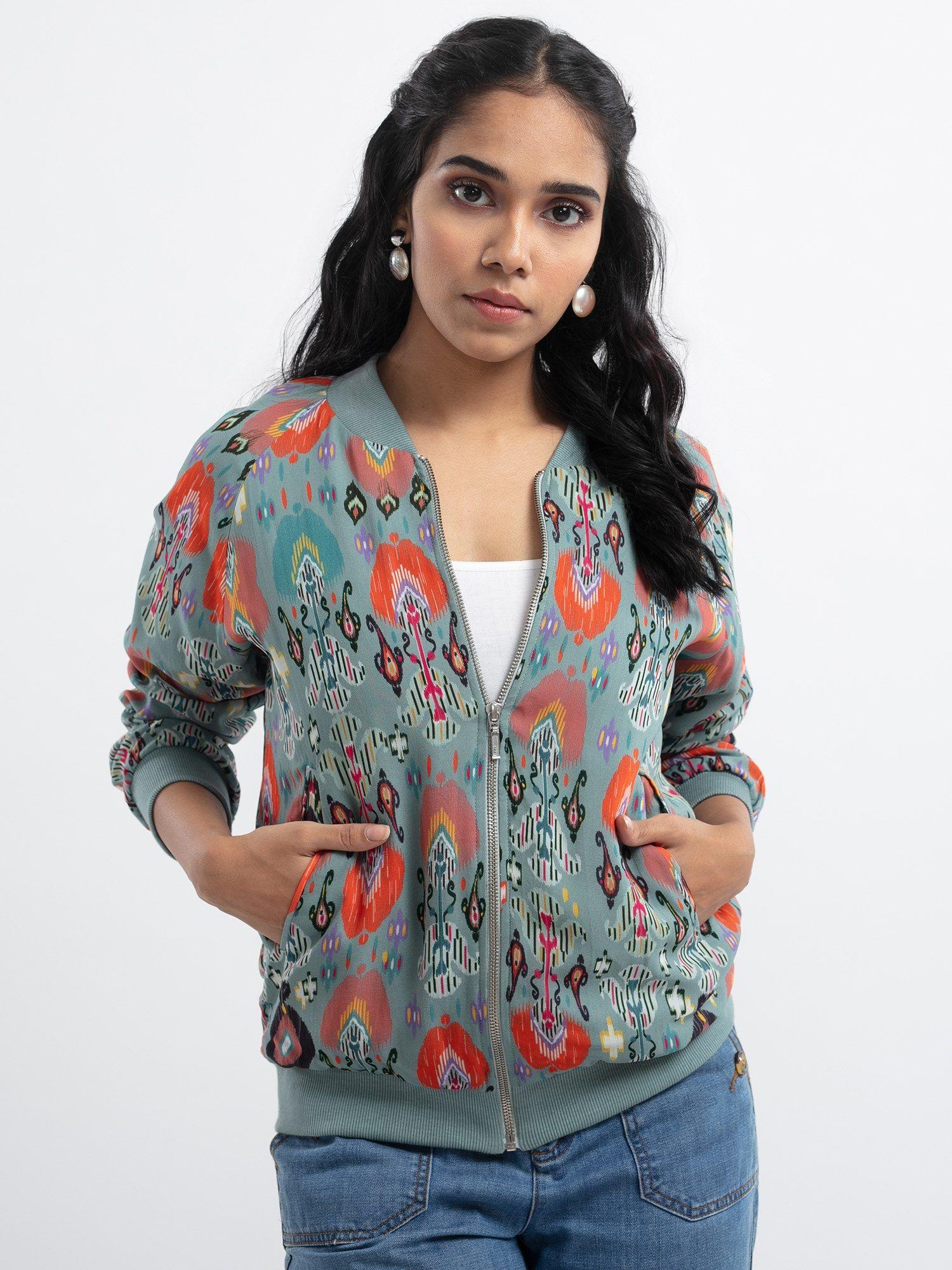 blue ikat garden bomber jacket