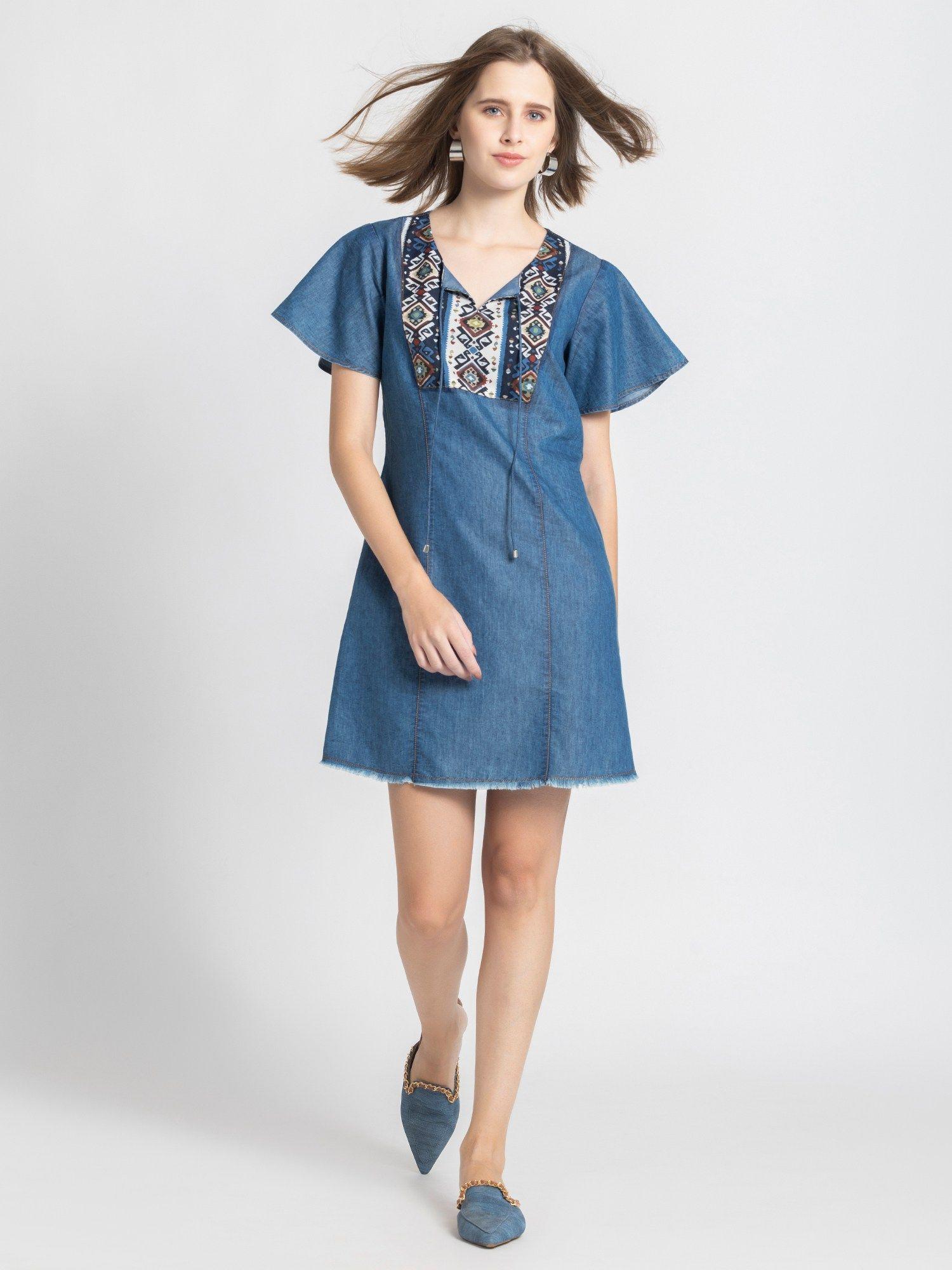 blue ikat print half sleeves casual mini dress for women