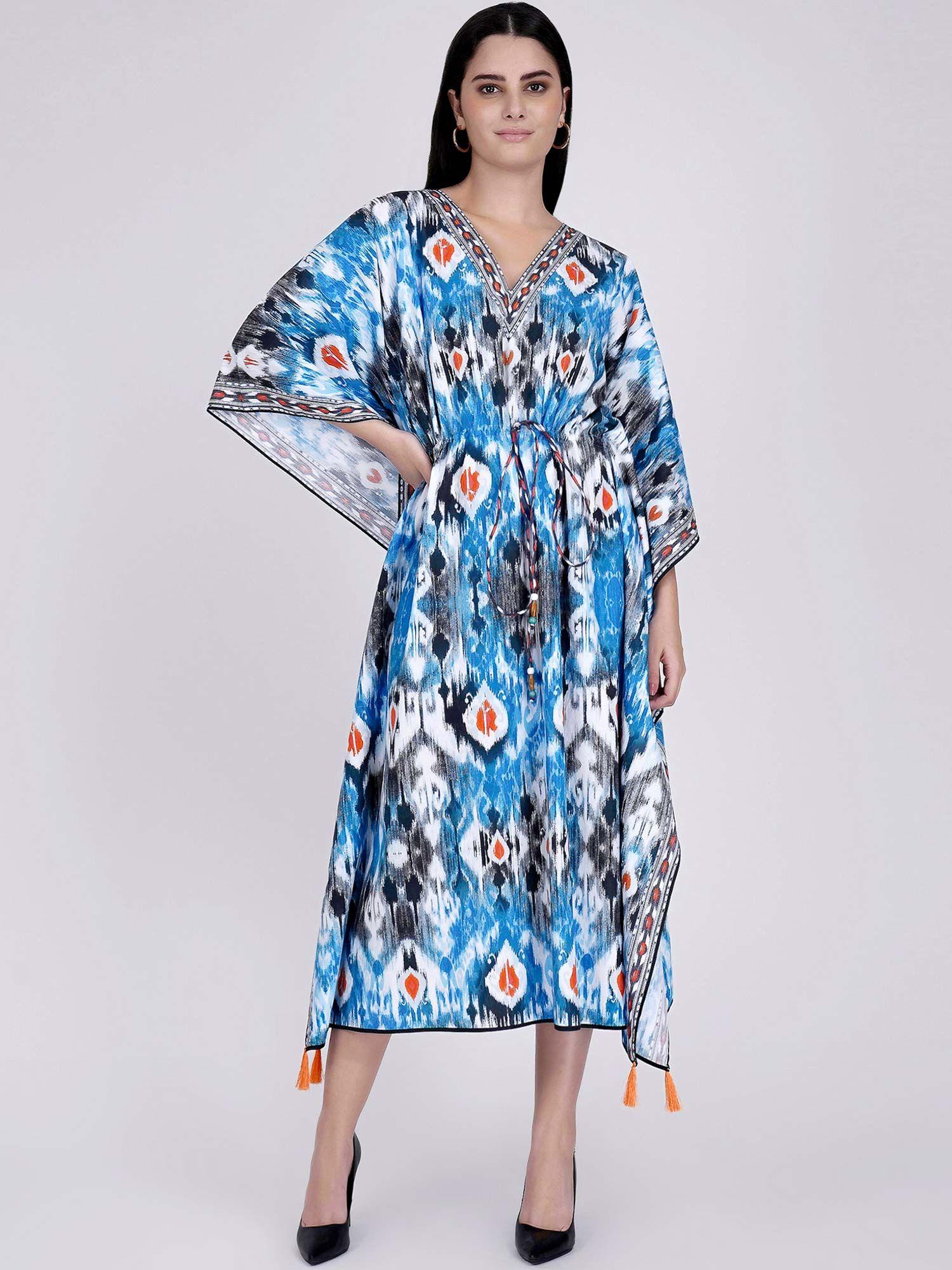 blue ikat print mid length kaftan