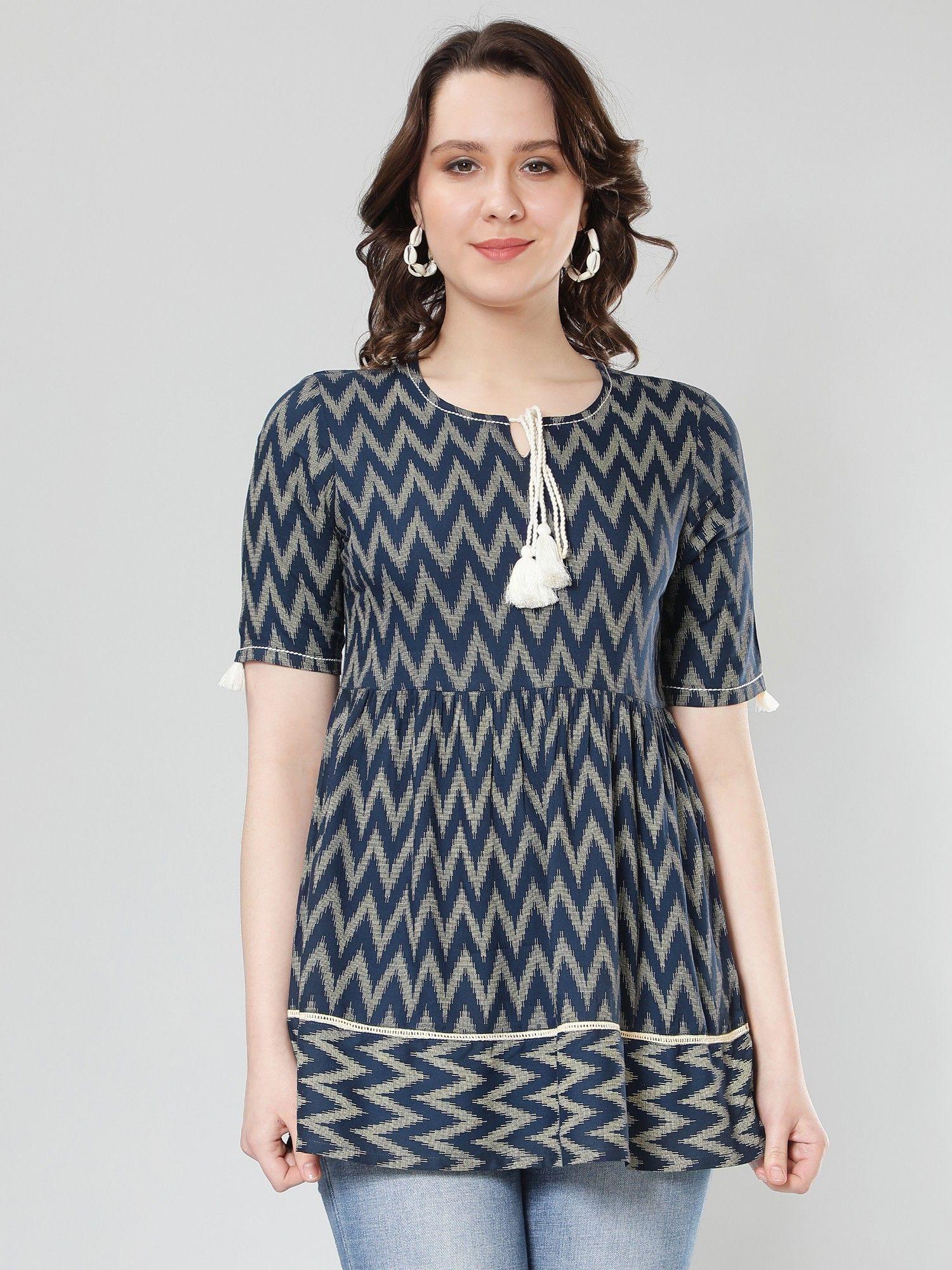 blue ikat printed peplum top