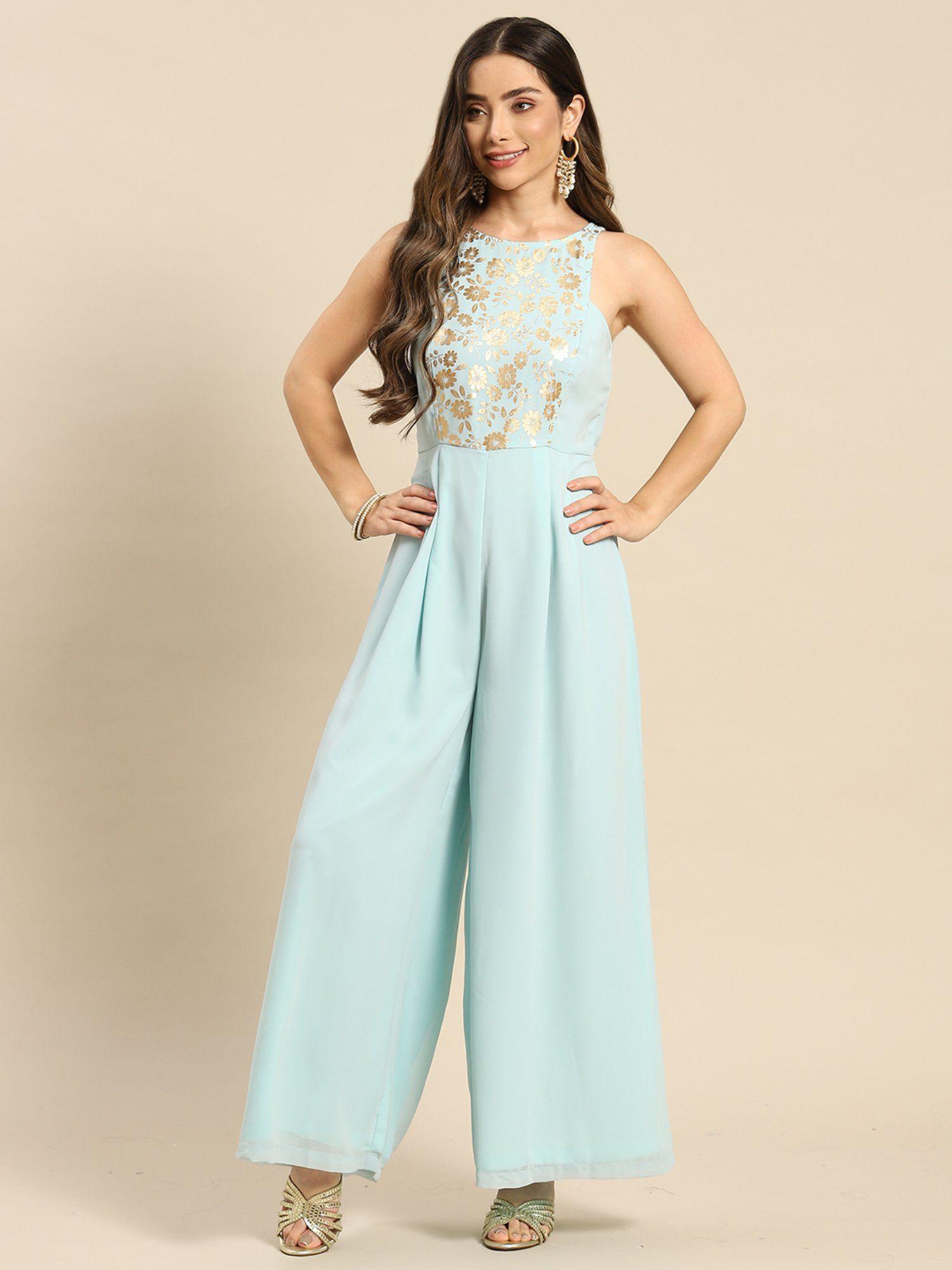 blue in cut pleated jumpsuit