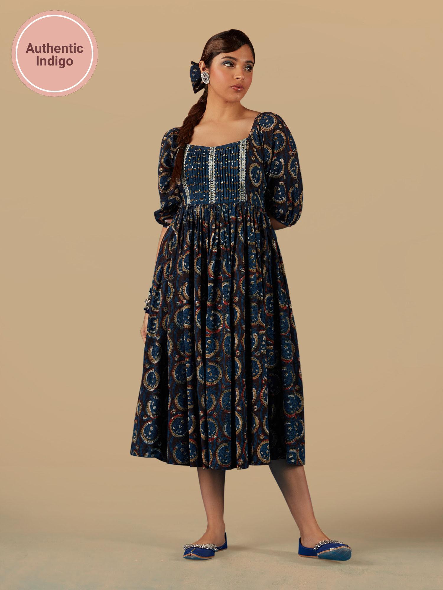 blue indigo saga pure cotton authentic hand block print & mirror work fit & flared dress