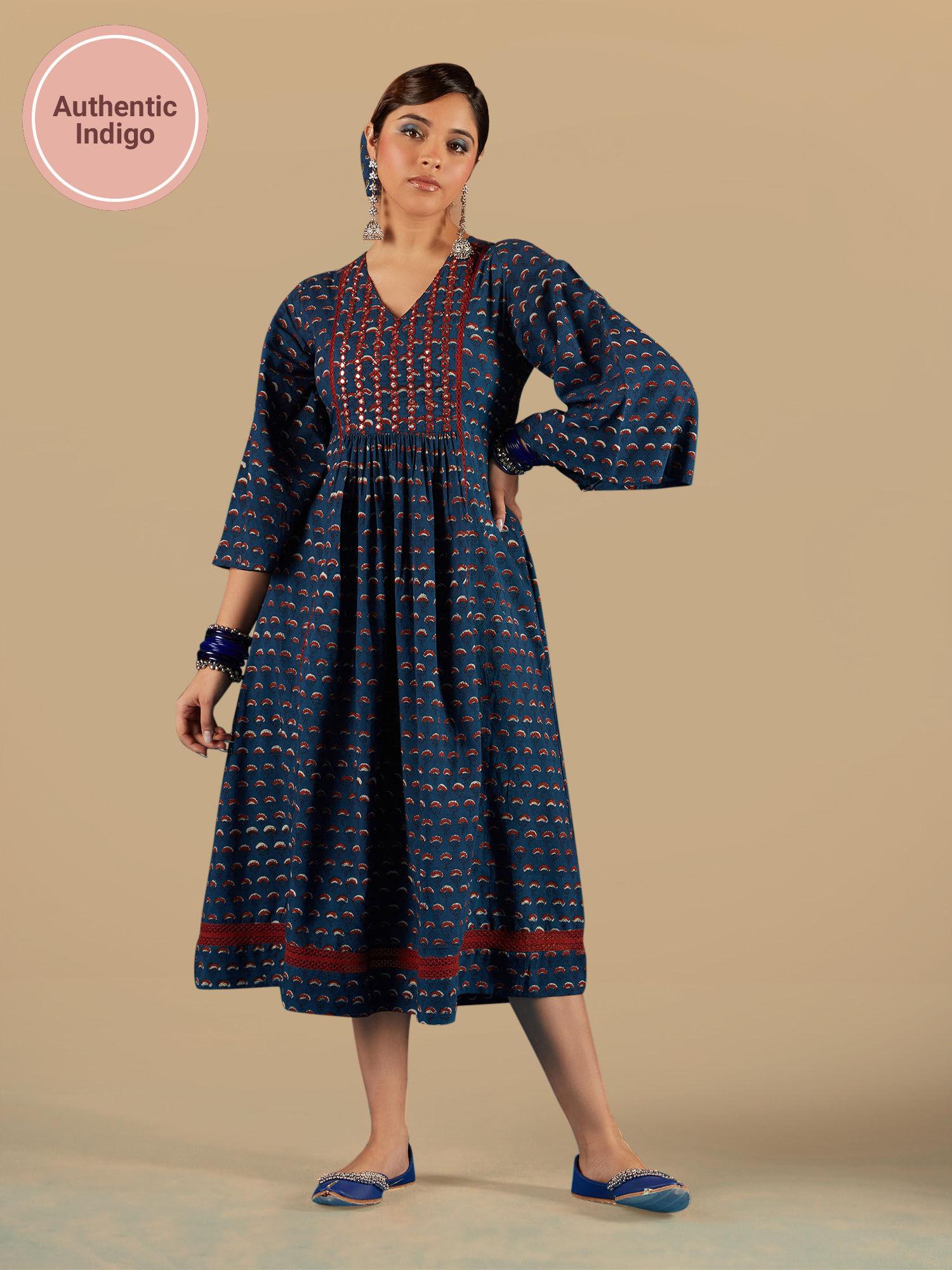 blue indigo saga pure cotton authentic hand block print & mirror work fit & flared dress