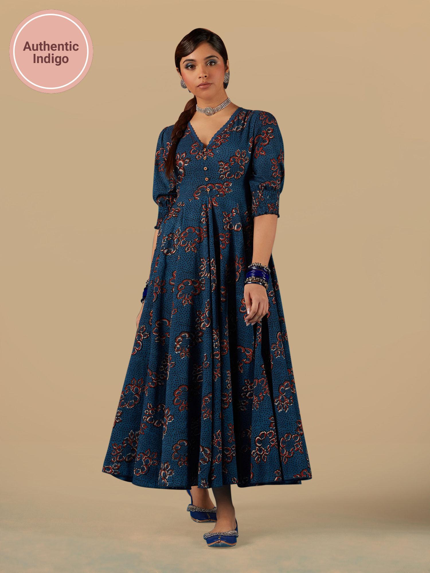 blue indigo saga pure cotton authentic hand block print & mirror work umbrella cut dress