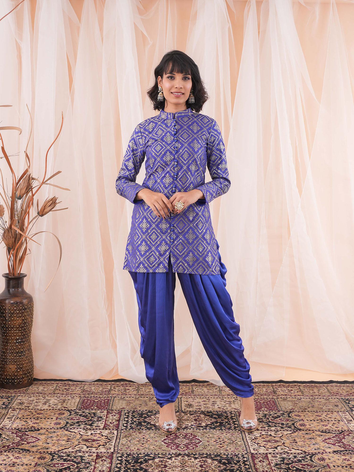 blue jacket with attached lining and dhoti (set of 2)