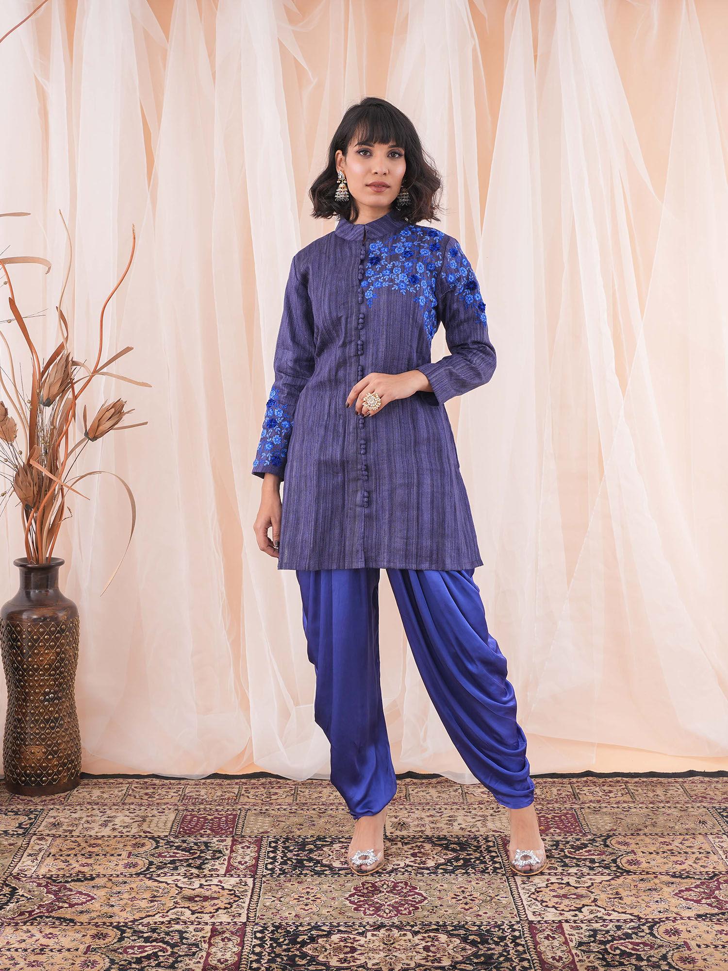 blue jacket with attached lining and dhoti (set of 2)