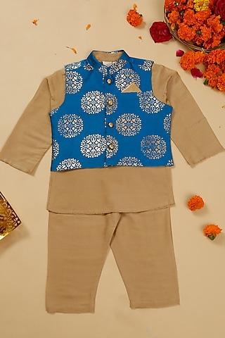 blue jacquard floral printed & embroidered bundi jacket set for boys