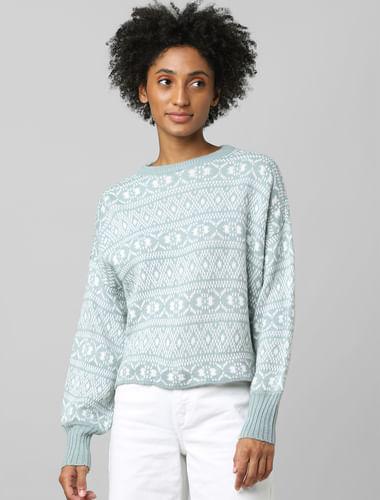 blue jacquard knit printed pullover