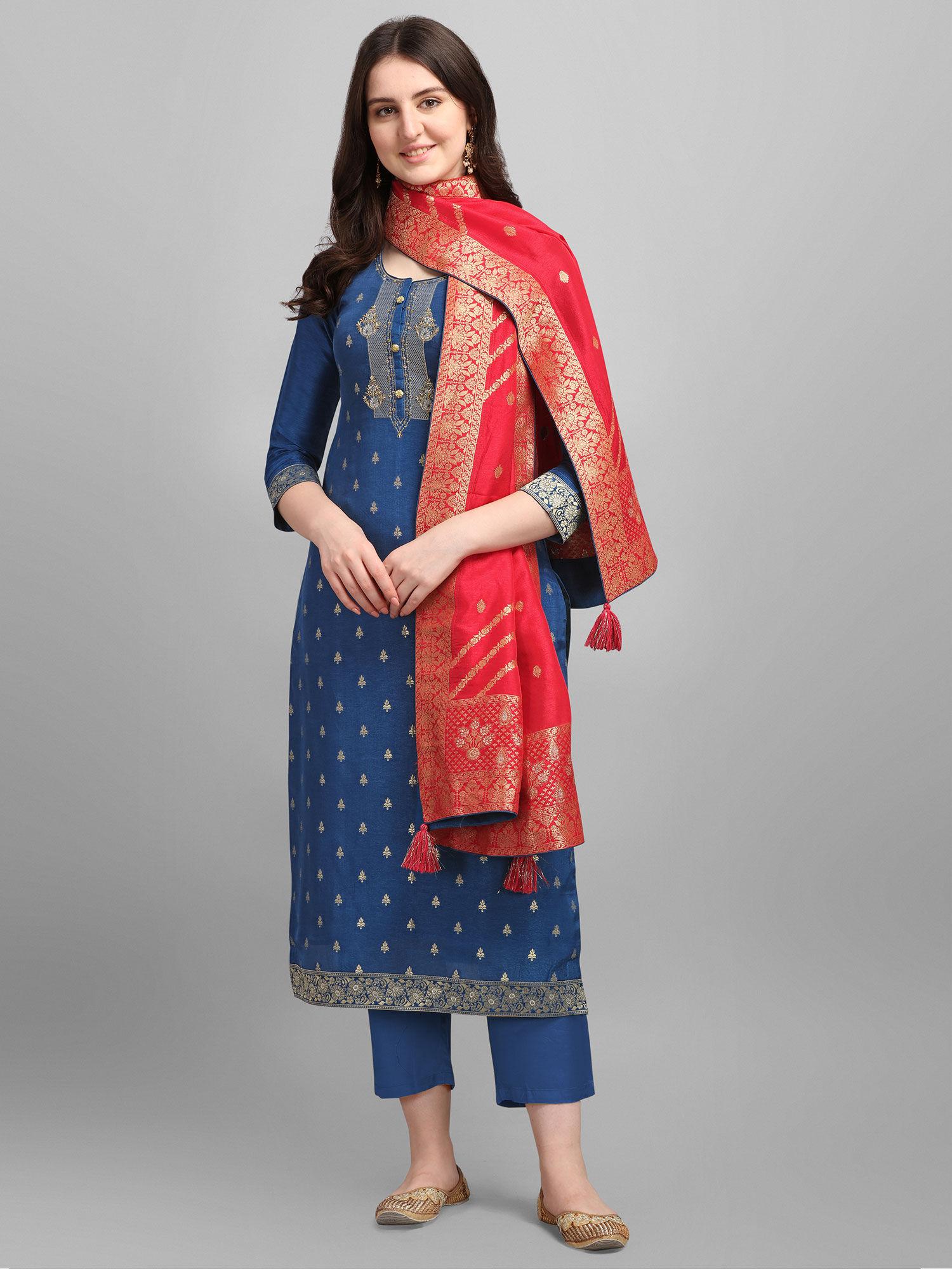 blue jacquard kurta with jacquard dupatta with palazzo (set of 3)