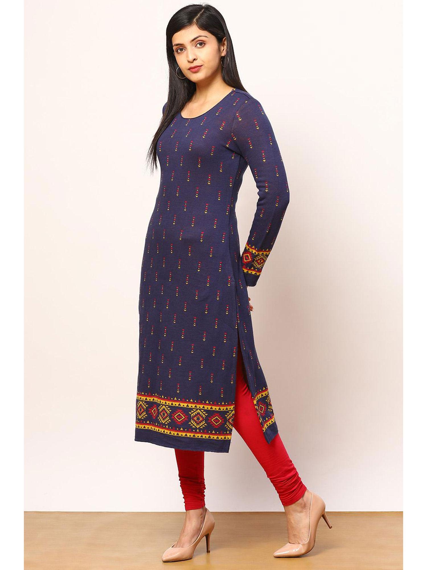 blue jacquard straight kurta