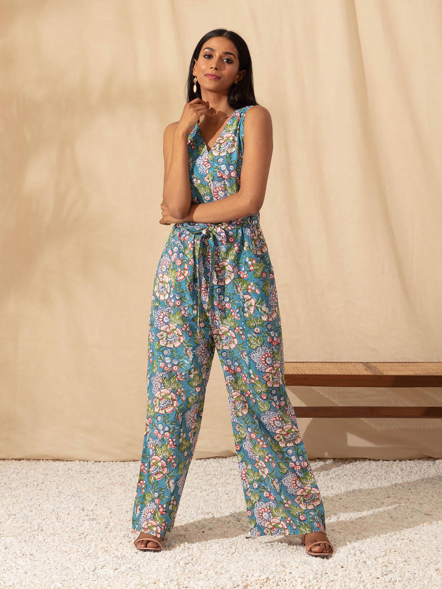 blue jaipuri printed cotton jumpsuit with belt likjs01